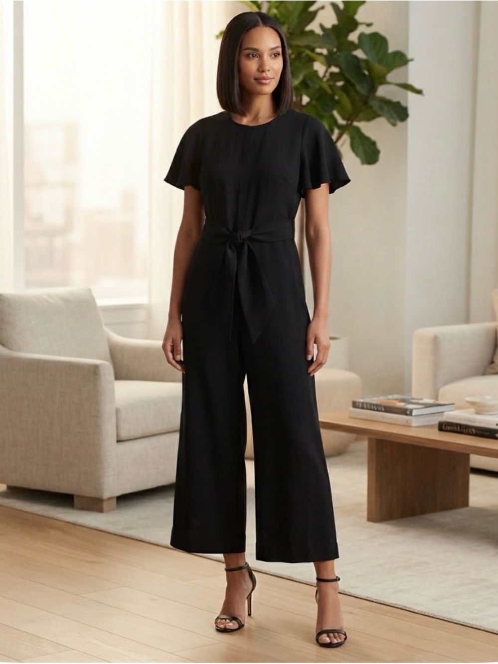 NWOT Ralph Lauren Black Flutter Sleeve Keyhole Jumpsuit Cropped Wide Leg Sz 2